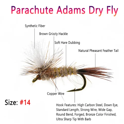Imagen 2 del producto Bimoo 6 uds Grizzly Brown Hackle paracaídas Adams mosca seca anzuelo de mosca con púas May Fly Midge Fly Caddis mosca trucha Señuelos de pesca cebos