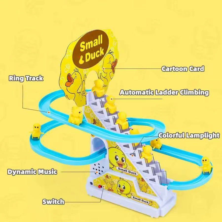 ชุดของเล่นเป็ดไฟฟ้า DIY ของเล่นเป็ดปีนป่าย แข่งขันวิ่งบนราง พร้อมไฟและเสียงเพลง ของเล่นรถไฟเหาะสำหรับเด็ก เป็นของขวัญ