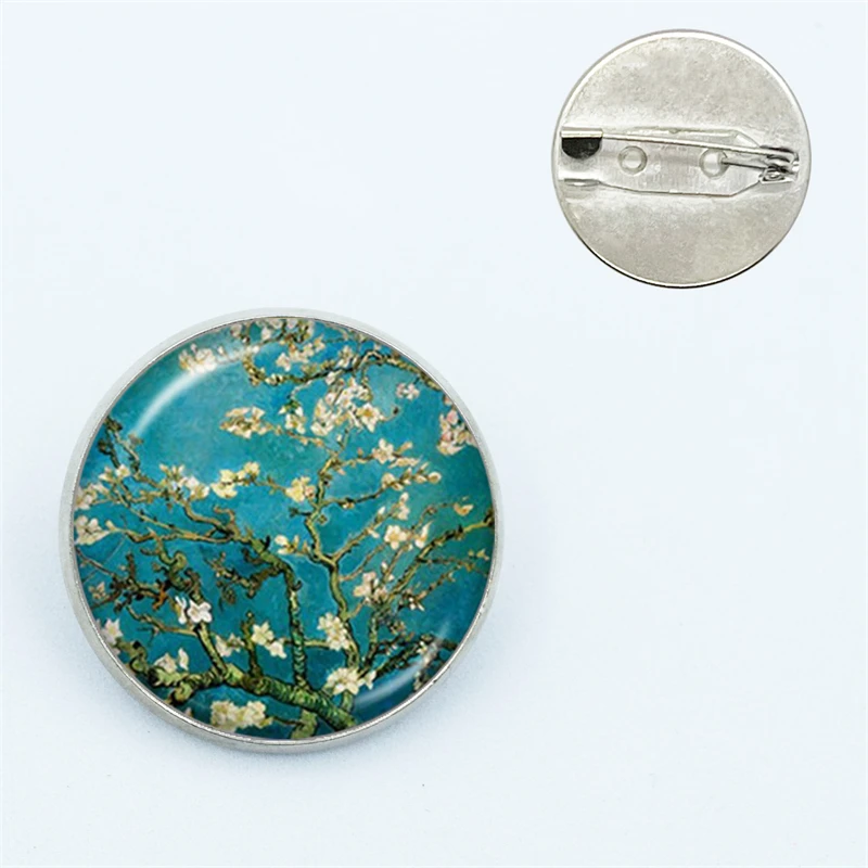 Van Gogh Art Starry Night Sunflower Brooches Men Women Glass Cabochon Dome Jewelry School Bag Brooch Pins Gift