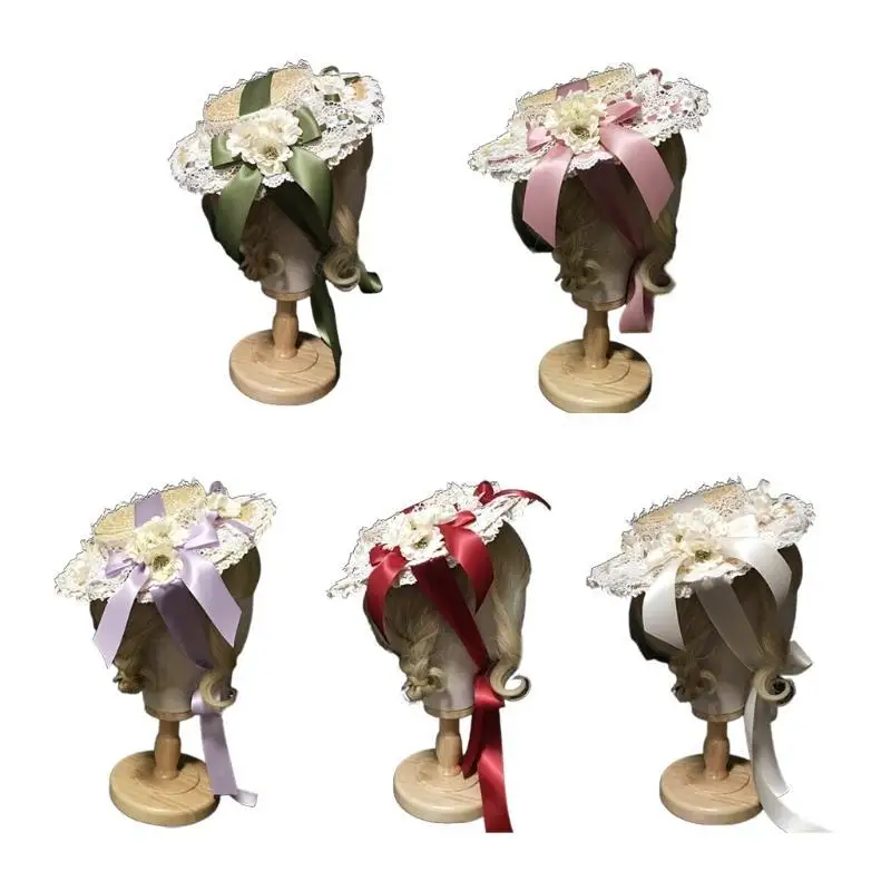 

652F Tea Party Flat Hat Multilayer Lace Bonnet Floral Ribbon Bow Straw for Sun