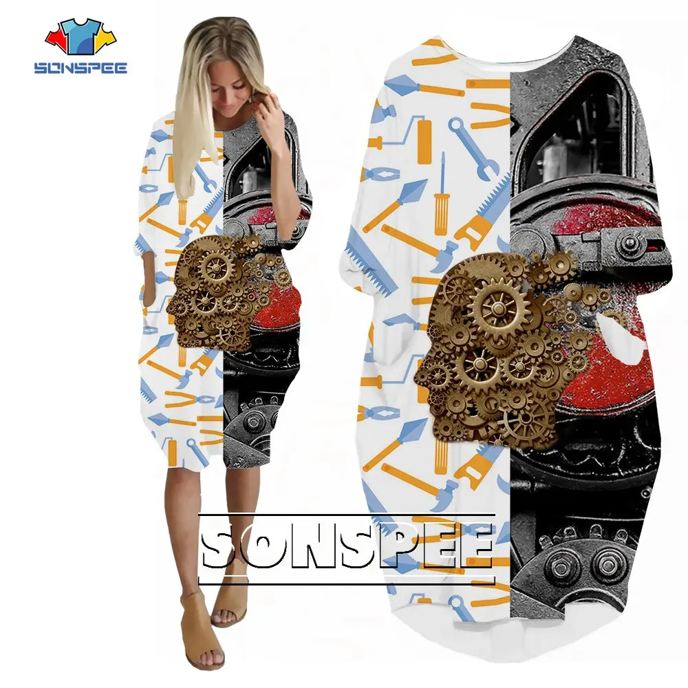 SONSPEE Mechanical Gear Harajuku 3D Printed  Dress Long Sleeve Machine Tool Pockets Skirt Female Casual Robe Dresses for Women