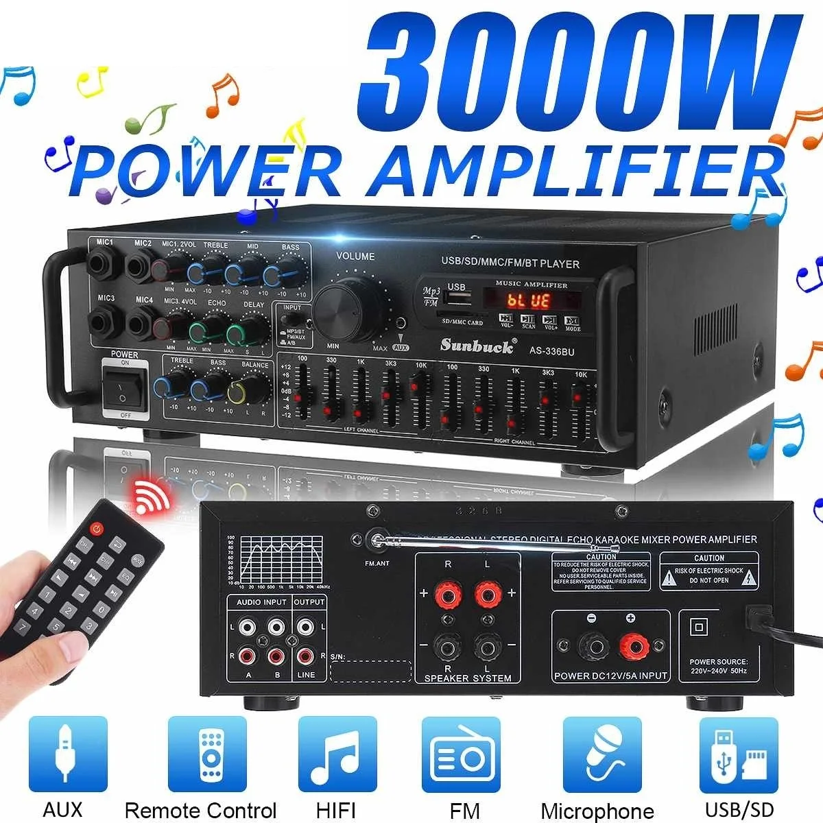 Top 2000W Home Car Amplifiers 2 Channel bluetooth 5.0 Surround Sound FM USB Remote Control LCD Display HIFI Amplifier Stereo