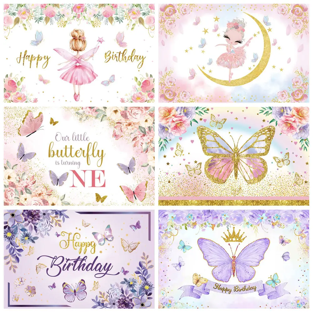 

Butterfly Flower Birthday Backdrop Floral Rainbow Girls 1st Birthday Party Newborn Baby Shower Photography Background Photo Prop