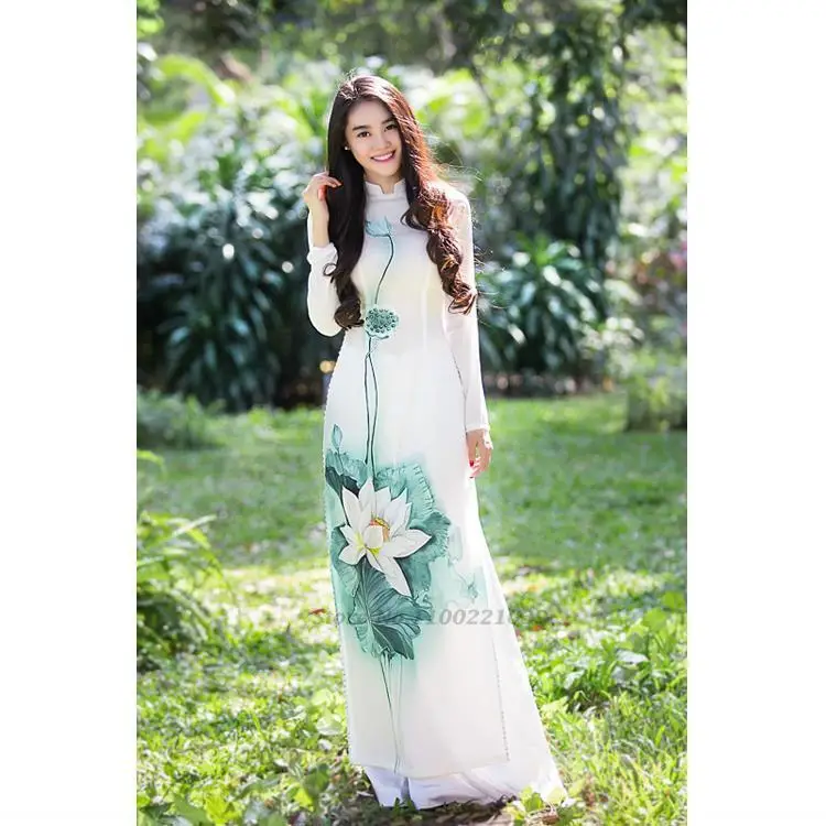 

2024 aodai vietnam cheongsam qipao dress+pants set flower print vietnamese vintage dress elegant women traditional aodai dress
