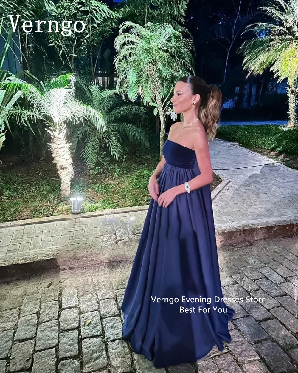 Verngo Navy Blue Prom Dress Simple Buffle Evening Dress For Women Strapless A Line Party Dress Custom Size Formal Occasion Dress