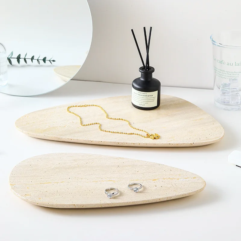Irregular Shape Natural Marble Tray for Ring Earrings Jewelry Display Decorative Travertine Trinket Dish for Watch Keys Perfume