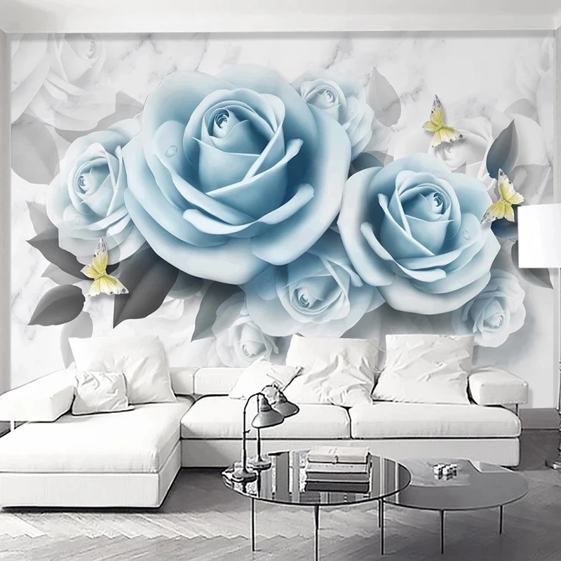 Custom Photo Self Adhesive Wallpaper Bedroom 3D Blue Rose Flower Butterfly Modern Restaurant Mural Living room TV background 8d