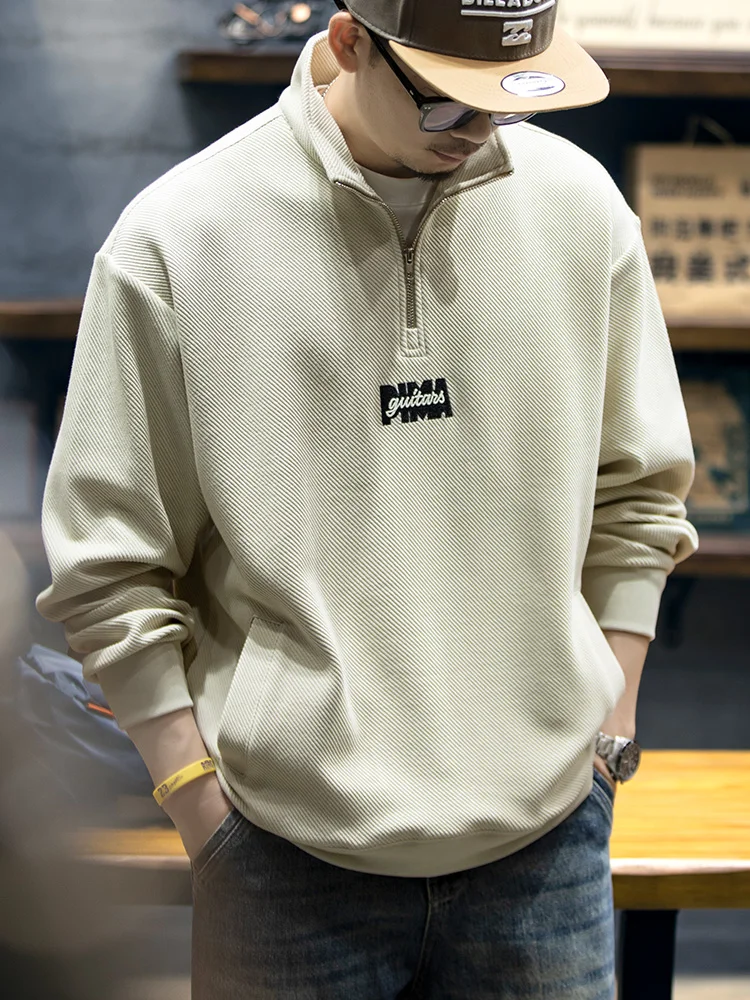 Loose Fit Men's Sweatshirt Half Zipper Embroidered Casual Sportswear American Style Spring Autumn Cotton Polyester Blend