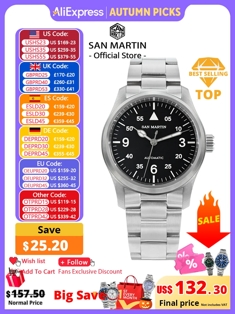 San Martin Men Pilot Watch 37mm Miyota 8215 Fashion Simple Style Military Automatic Mechanical Watches 100m Waterproof BGW-9