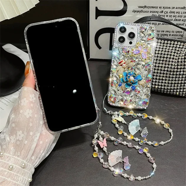 Capa protetora Diamond Flower para iPhone, Bee e Peony Design, luxuoso, 16, 12, 13, 14, 15 Plus Pro Max