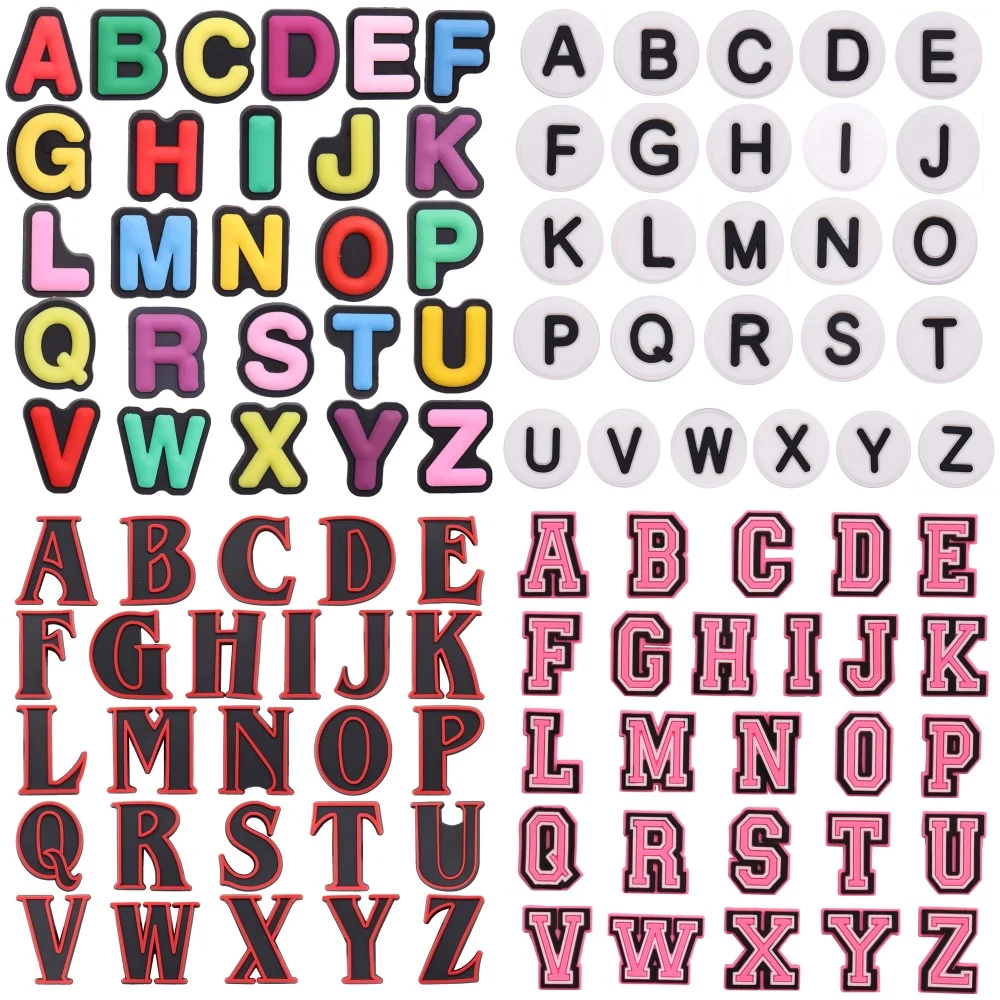 26pcs Colorful English Letters PVC Shoe Charms For Clogs Pins Garden Sandals Shoes Accessories Decorations Birthday Xmas Gift