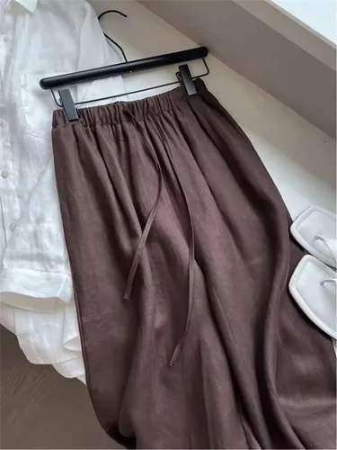 Pantalones de pierna ancha de lino y algodón de cintura alta para mujer, pantalones informales holgados finos de verano 2025, Pantalones rectos lisos Harajuku que combinan con todo