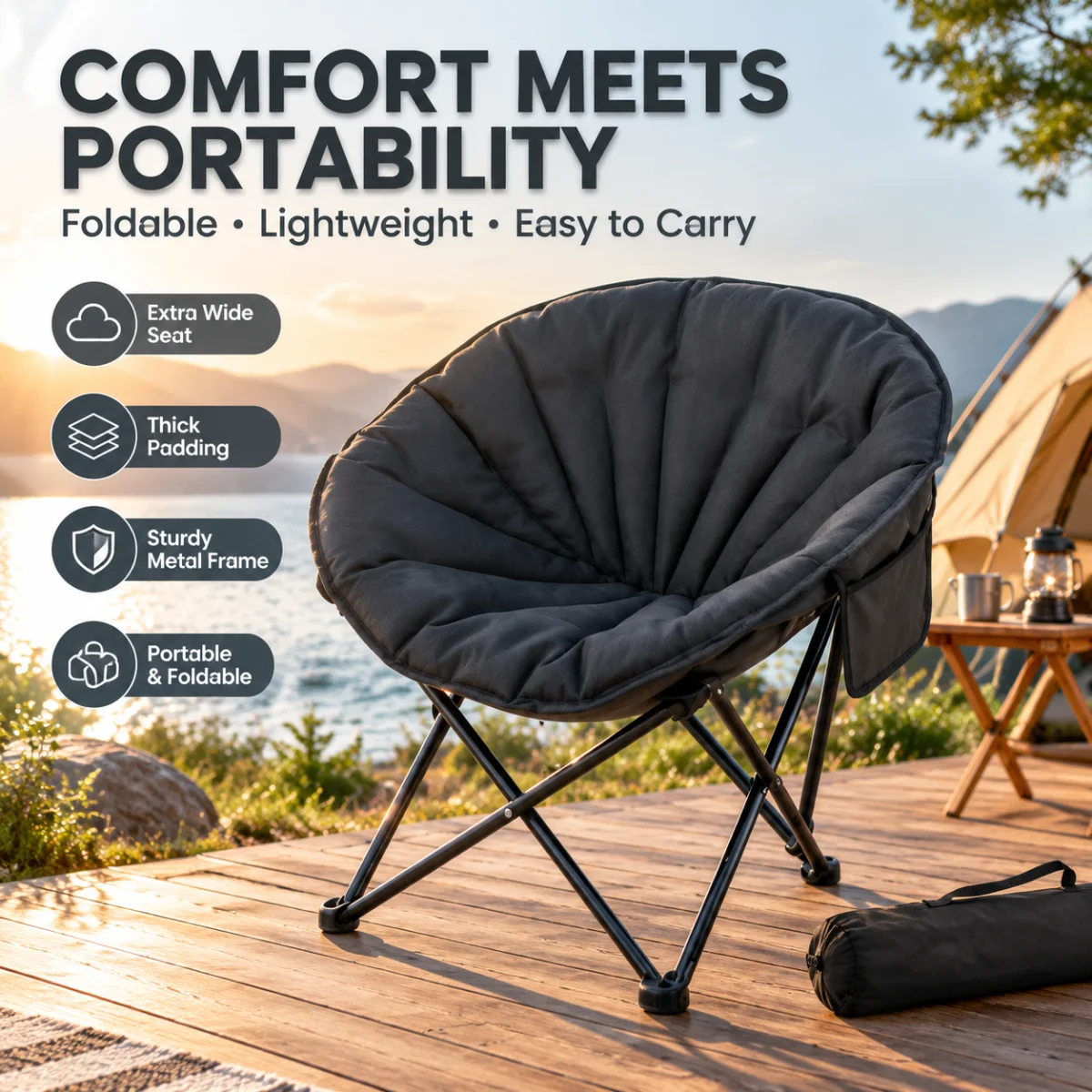 New Outdoor Folding Camping Chair Shell Chair with Cotton Padding and Thickened Steel Pipe for Portable Moon Chair
