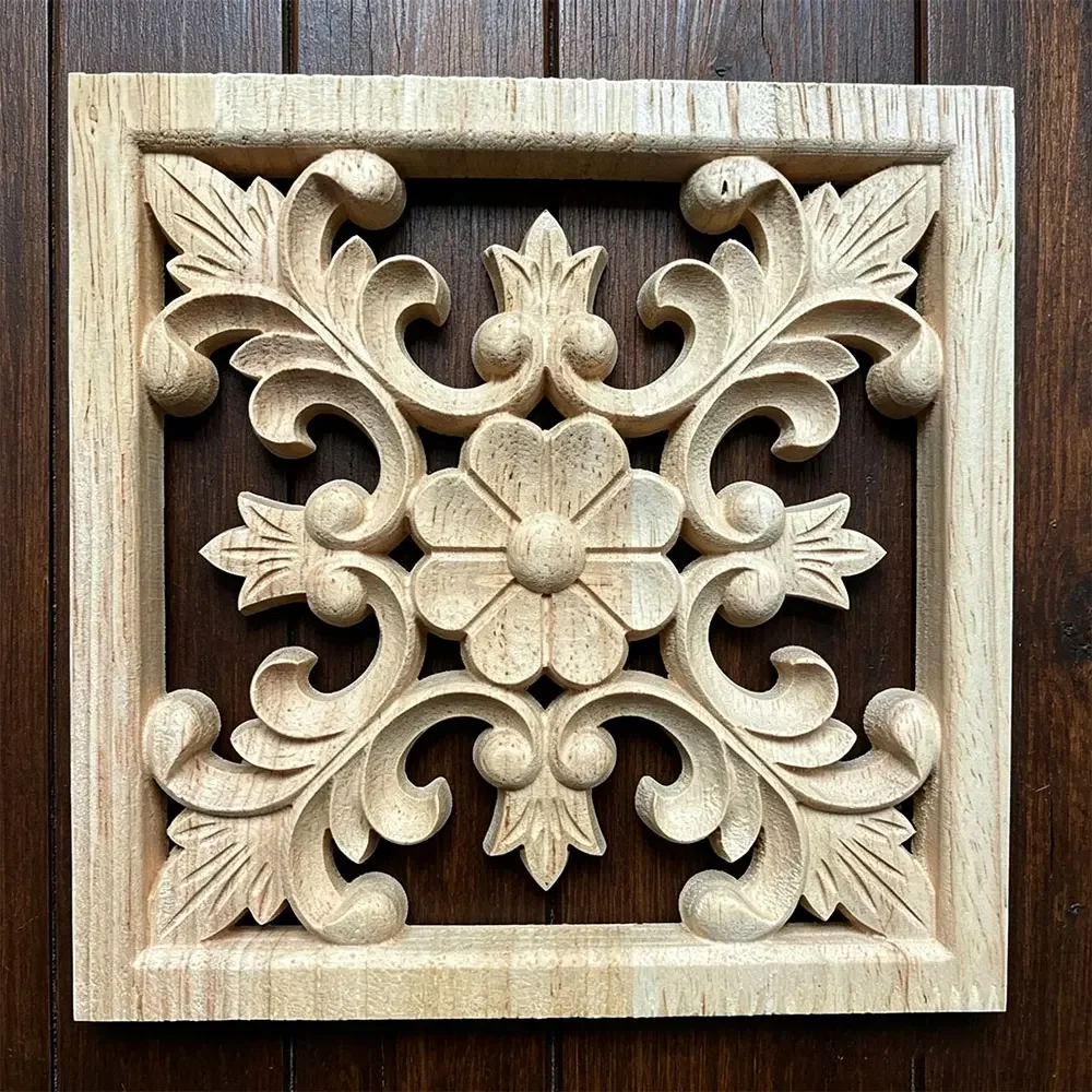2PCS 15-24cm Flower Carving Natural Wood Appliques for Furniture Cabinet Unpainted Wooden Mouldings Decal Decorative Figurine