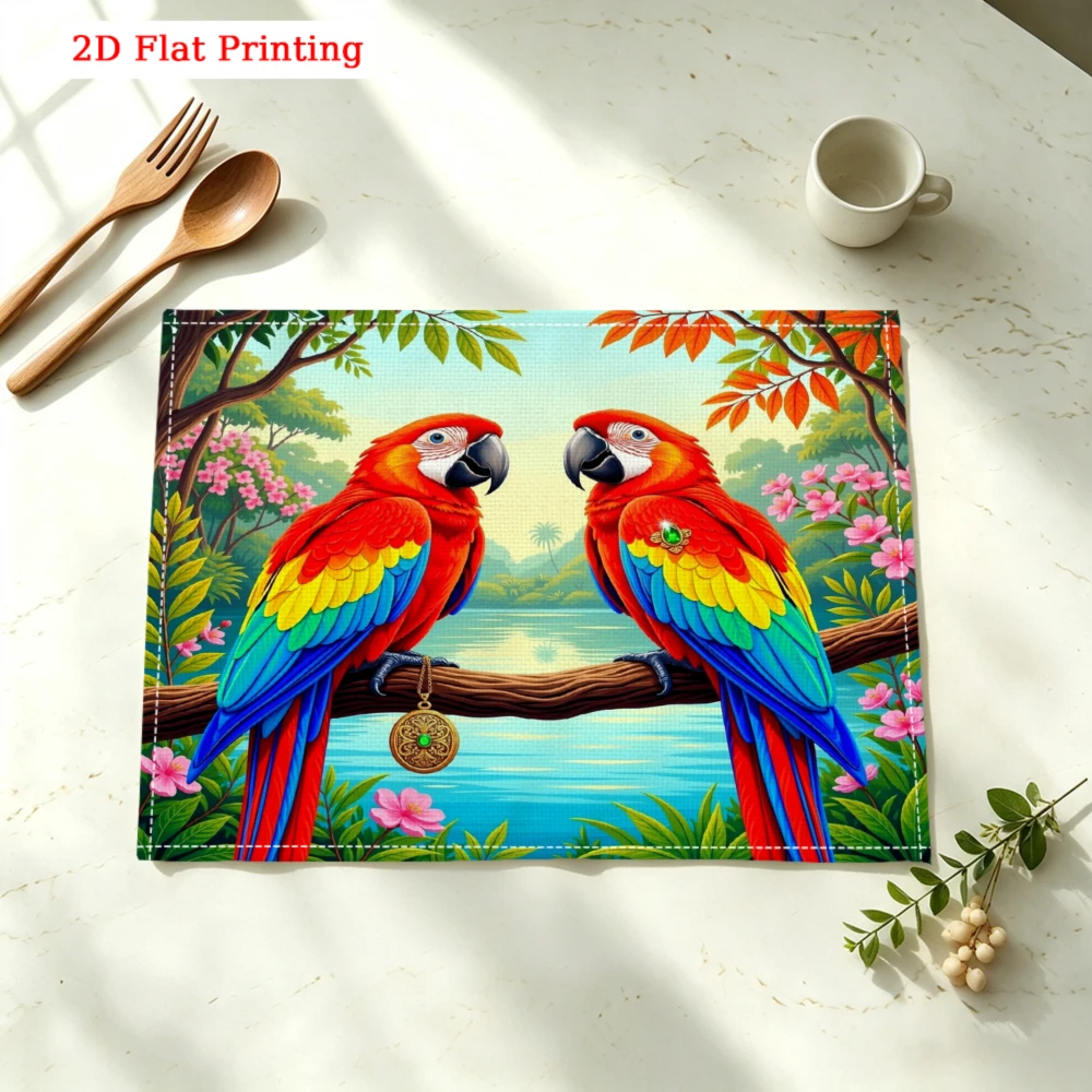Two Colorful Parrots On Branch Kitchen Placemat Coaster Linen Pad Dish Coffee Cup Table Mat 30x40cm Home Decor