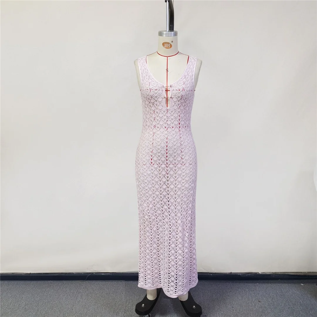 V-Ausschnitt, rückenfreies, gehäkeltes, gestricktes Tunika-Strandkleid, Strandmode, Damen-Strandkleid, Strandüberwurf, Damen V6999 – Detail 12