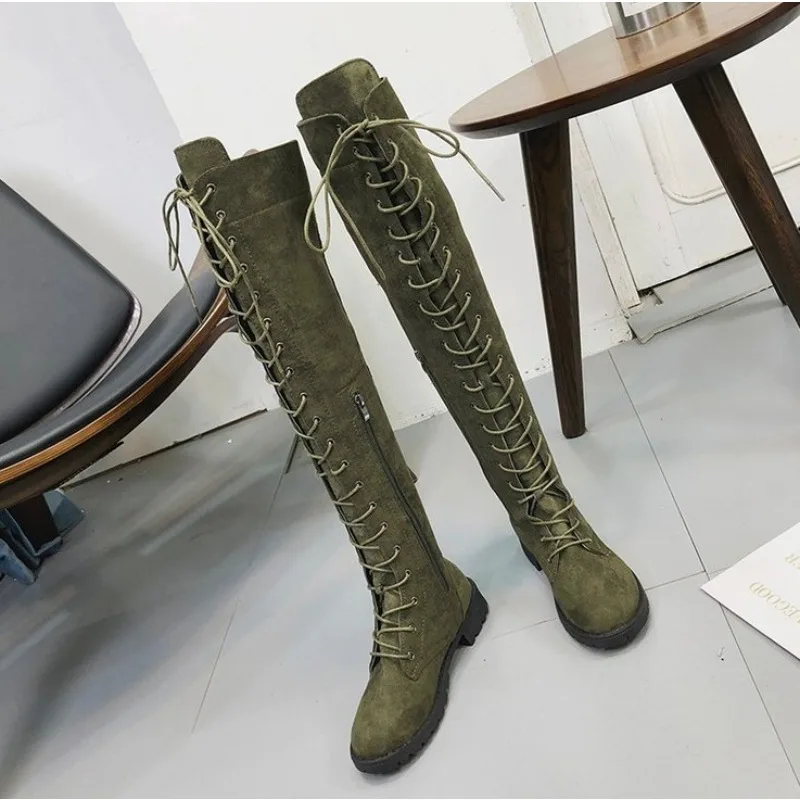 Woman Over The Knee Boots Cross-tied Fashion Autumn Winter Shoe Low Heeled Flock Long Boots Sexy Round Toe Side Zip Knight Boots