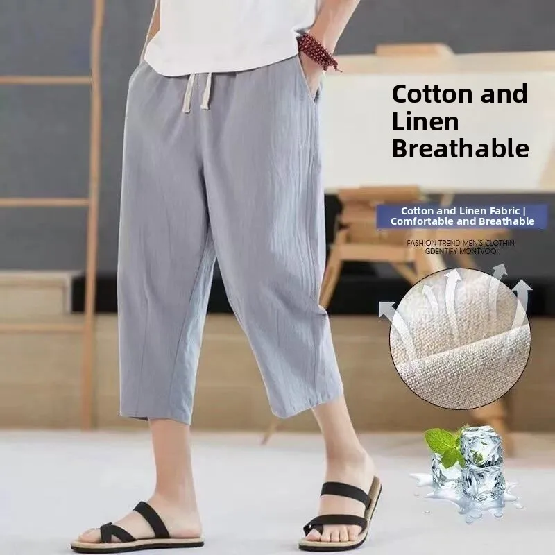 Men's Summer Vintage Loose Cotton Linen Knee-Length Seven-Five Pants Thin Casual Straight Tube  Silk Breathable Cool
