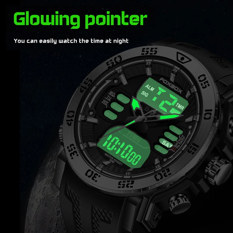 FOXBOX Military Watch Waterproof Wristwatch Alarm Watches Mens Sport Dual Display Watch Digital Watch for Men Relogio Masculino