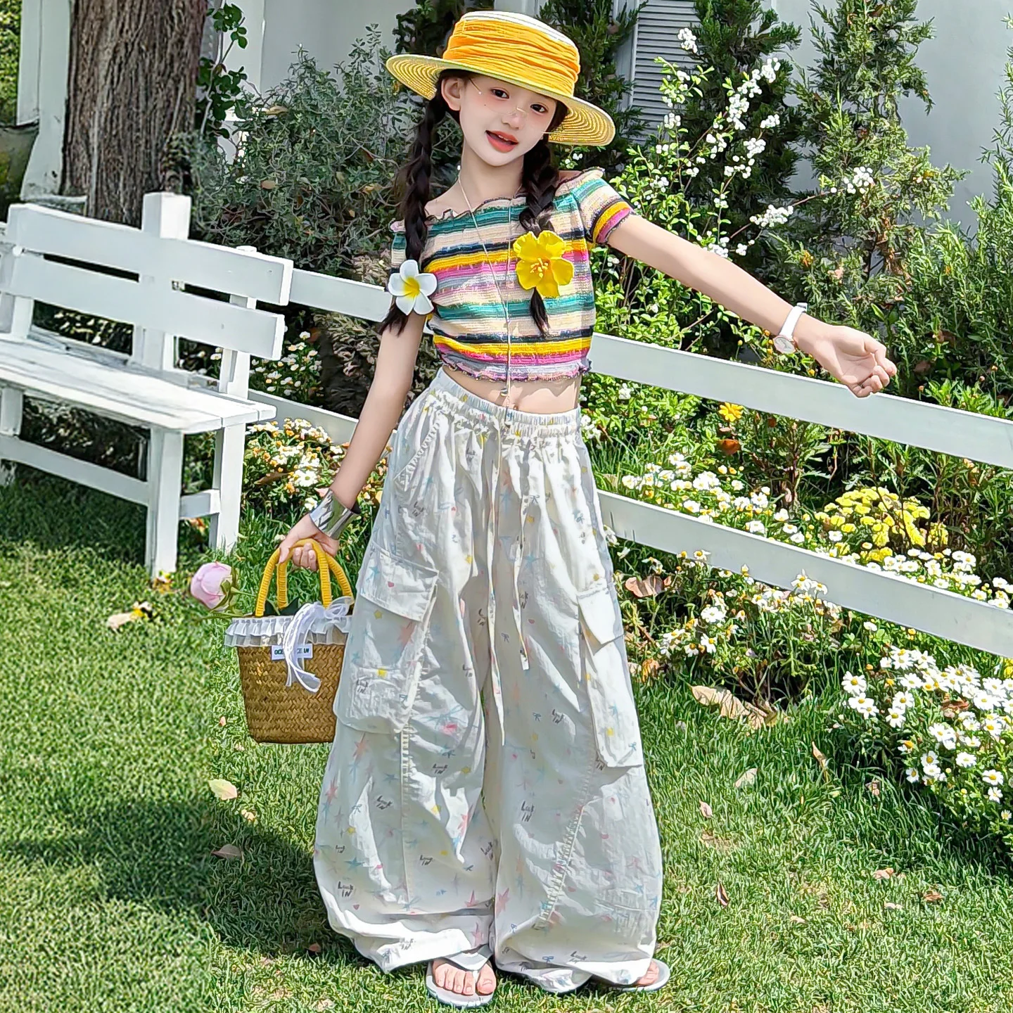 Kids Girls Summer Y2K Clothes Suit Rainbow Striped Tops&Print Cargo Pants 2Pcs Sweet Streetwear Kids Fashion Clothing Sets 5-14T