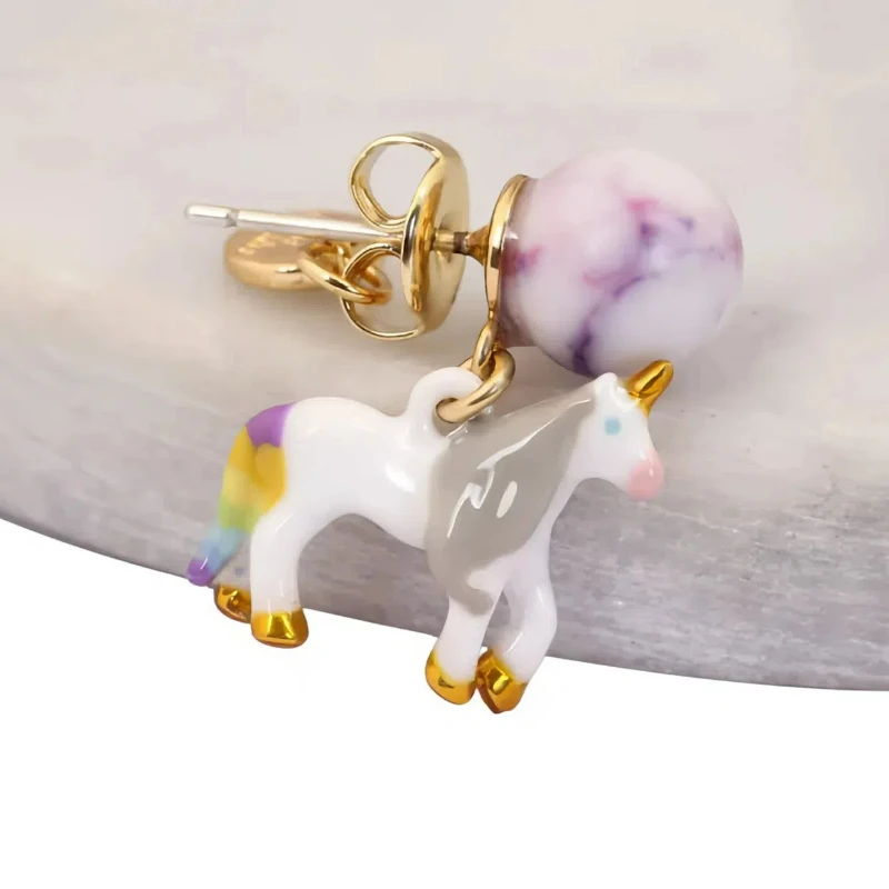 Fashion Cute Fantasy Unicorn Hand-painted Enamel Purple Natural Stone Beads Stud Earrings Christmas Earrings Clip Gift for Girls