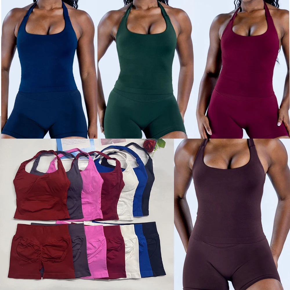 

2026 new Women 2 pcs yoga outfits Sports Impact Set halterneck Backless Halter Top Seamless Scrunch Bum Shorts Gym Workout Suits