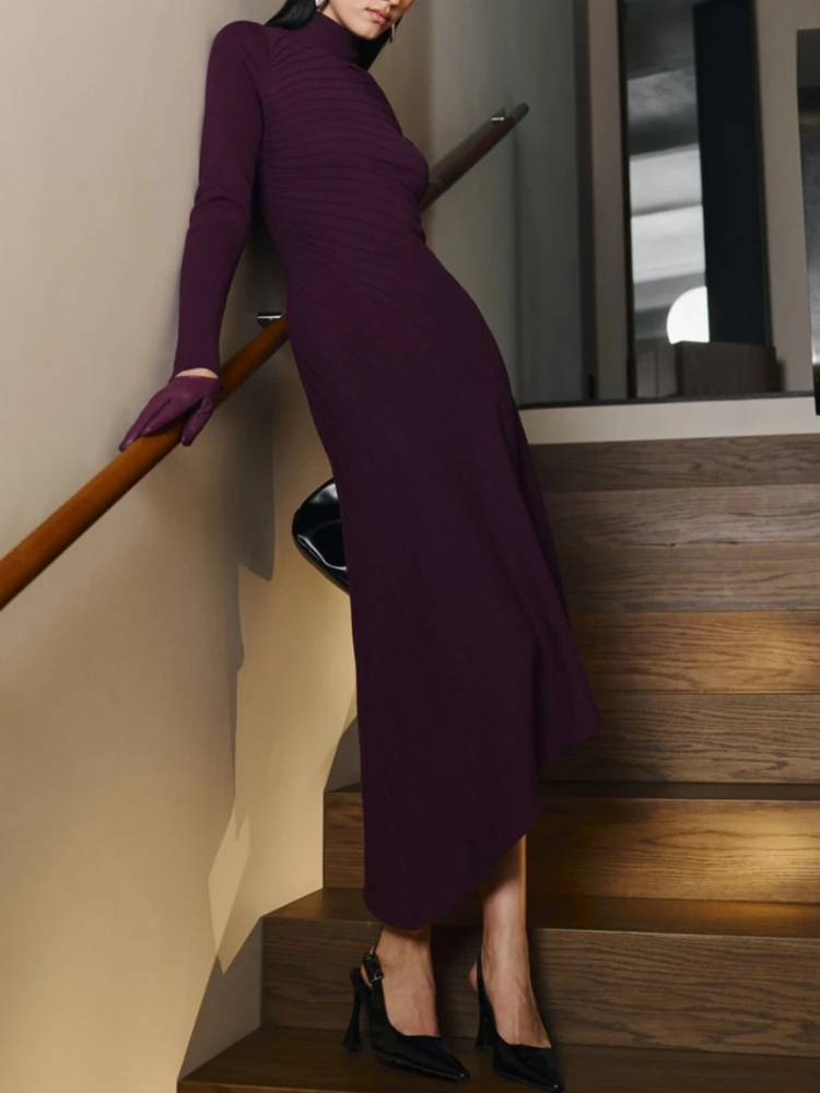 토시 패션 니트 비대칭 맥시 드레스 여성용 플리츠 솔리드 하이웨이스트 하프 하이 칼라 가을 니트웨어 여성 맥시 드레스