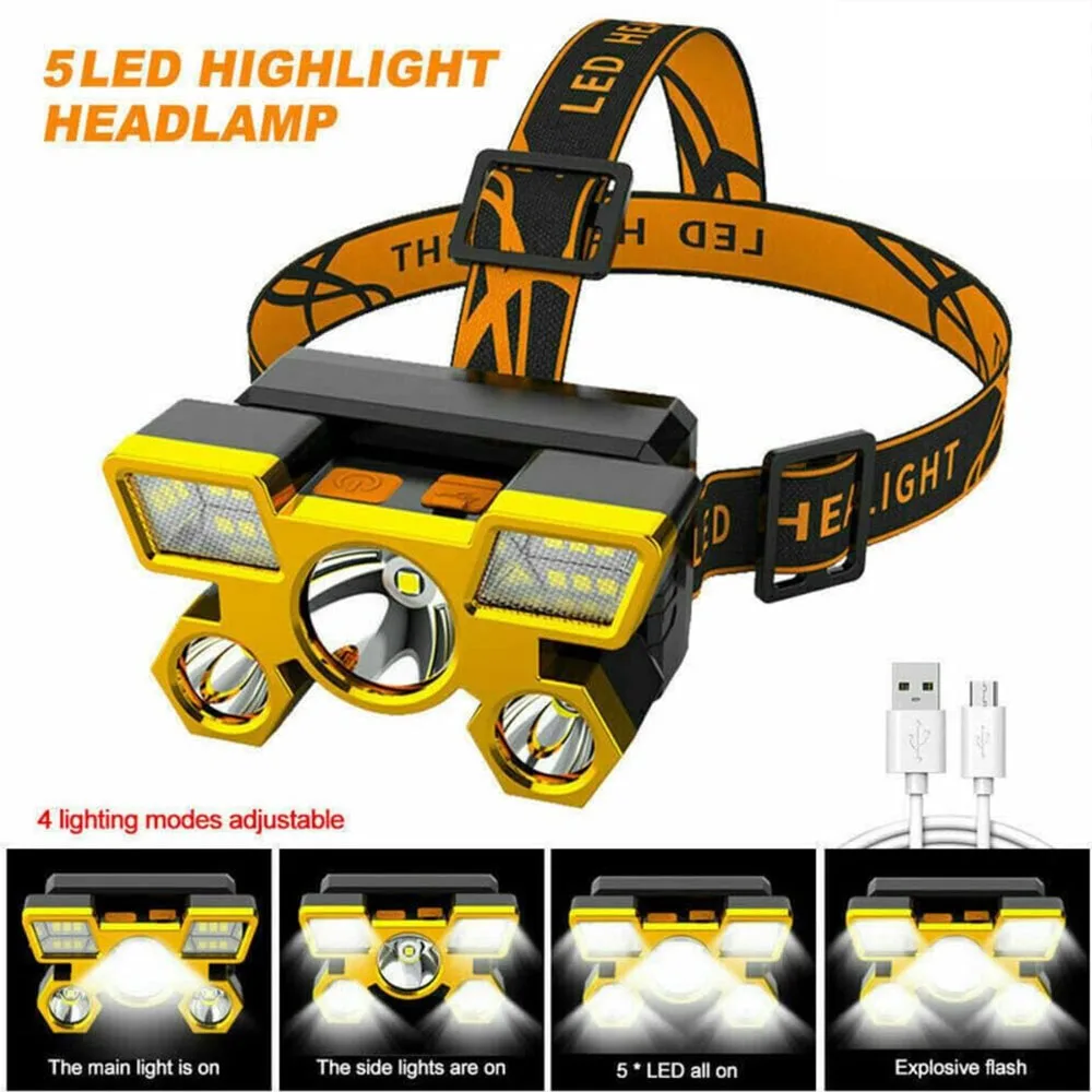 5 LED ヘッドヘッドライト USB 強力な光超高輝度充電式集魚灯長距離超高輝度ヘッドマウント懐中電灯