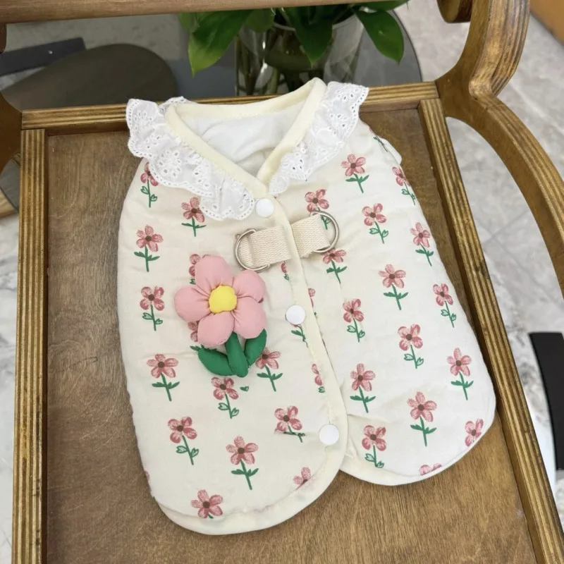 

Cute Floral-Print Pet Coat Teddy Warm Down Jacket Bichon Thickened Clothes Button-Fastening Puppy Coat with Traction Buckle