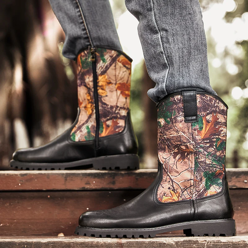 Botas de vaquero del oeste de mezclilla de lujo para primavera y otoño para hombre, botas de tubo alto, botas de caballero al aire libre, zapatos de cuero de retales Retro para hombre