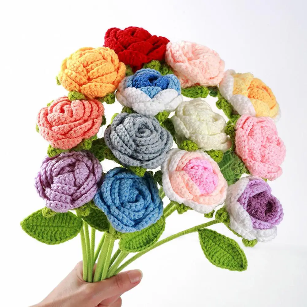 Knitted Rose Artificial Flowers,Braided Rose,Handmade Crochet Flower,Beautiful Yarn Rose Flower for Home Decoration