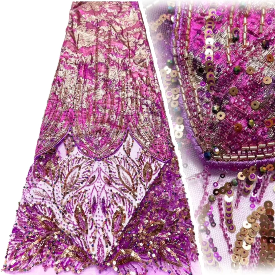 

Rose Red Latest Best Quality Elegant Soft Mesh Sequined Lace with Beaded Sequins Fabric for Wedding Evening Dress 2035