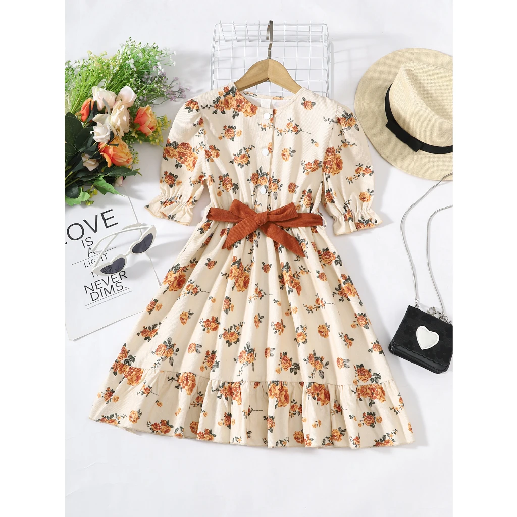 

8-12 Yeras OOTD for Kids Girl Clothes Bubble Short Sleeve Flower Princess Dress Children Girl Birthday Party Dress Outfit