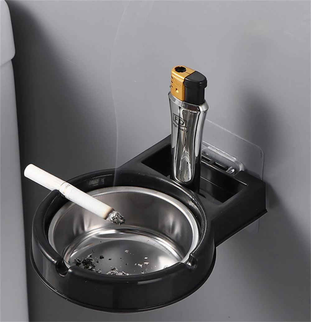 Black Stainless Steel Portable Ashtray Wall Split Design Hanging Ash Storage Cup with Sticker for Toilet Home Office