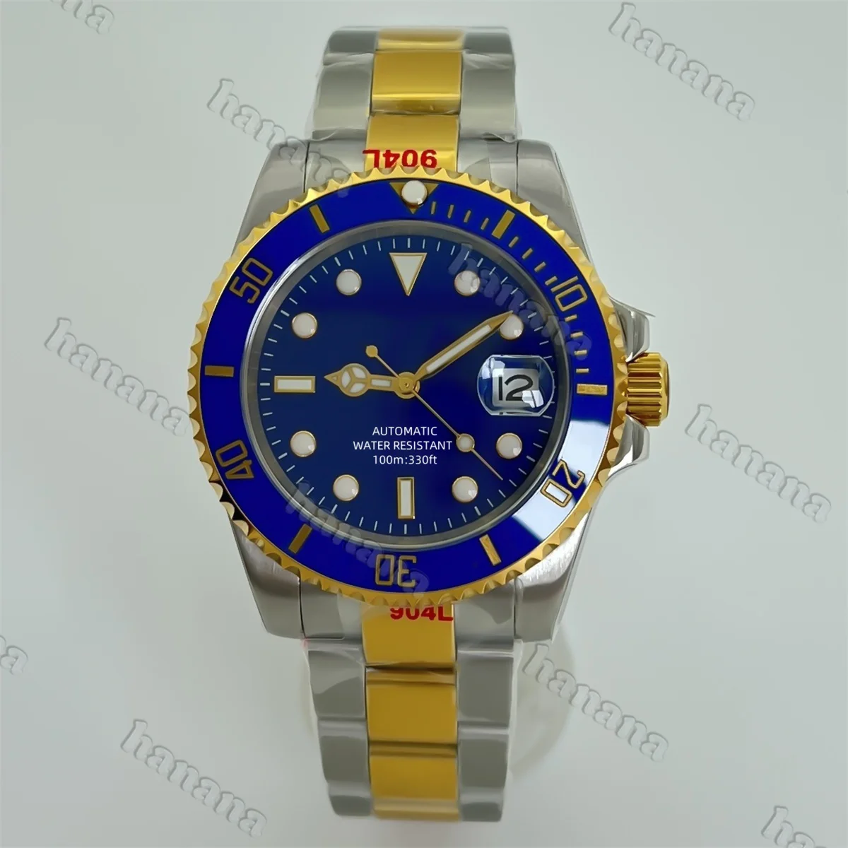 NH35 PT5000 Men's Diving 40mm Silver Gold Watch Blue dial Gold Index Light C3 luminous one-way rotation waterproof 100m