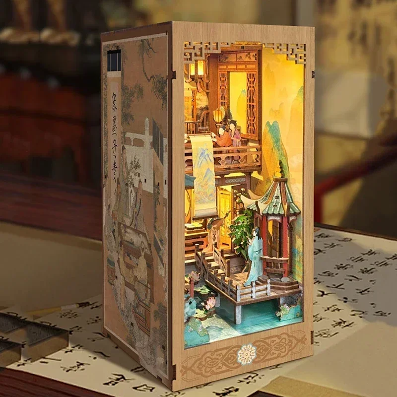 Paintings in Song Dynasty Miniature Model Kits DIY Wooden Book Nook Shelf Insert Bookshelf With Light Bookend for Friends Gifts