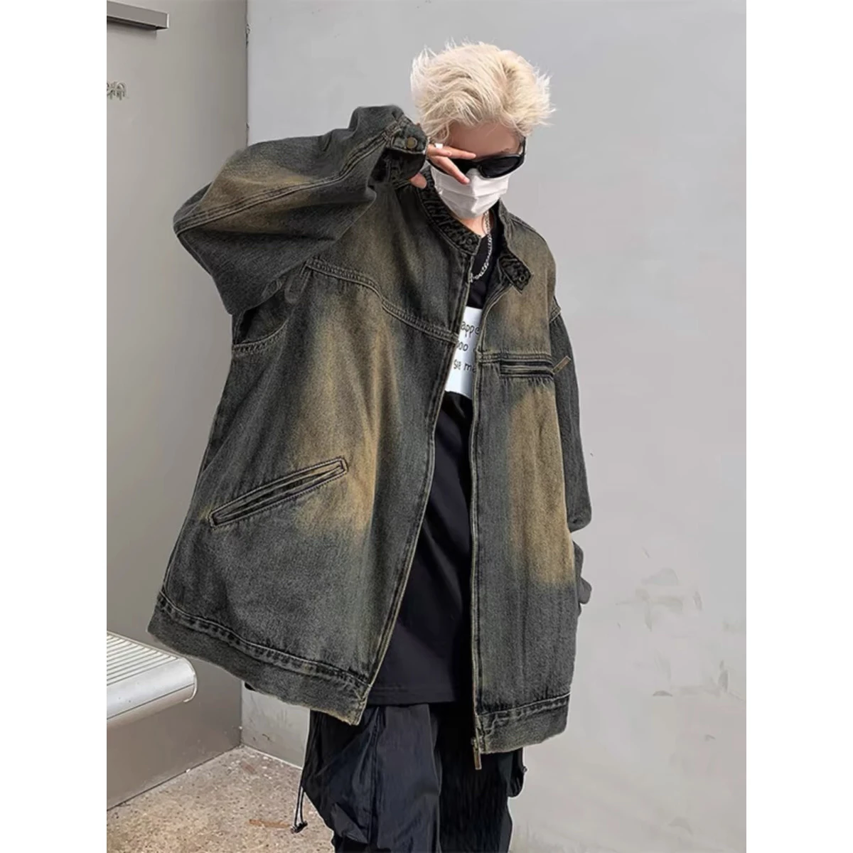 

Винтажный джинсовый джинсовый джинт, мужской уличный джинсовый джинт в стиле ретро, весна-осень, джинт с воротником-стойкой, молодежный тренд, смесь хлопка и полиэстера