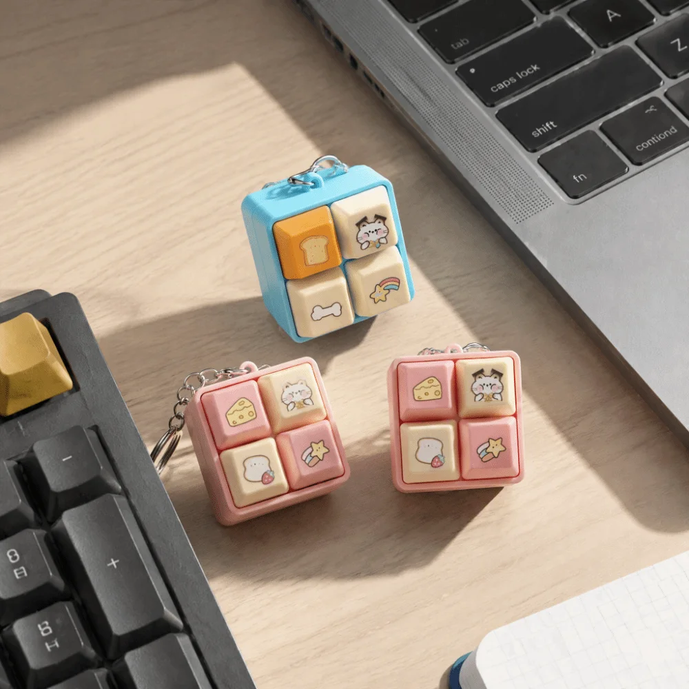 Squeeze 4 Button Keyboard Fidget Keychain Portable Sounding Clicker Pendant Cartoon Glowing Stress Relief Keyring Pass The Time