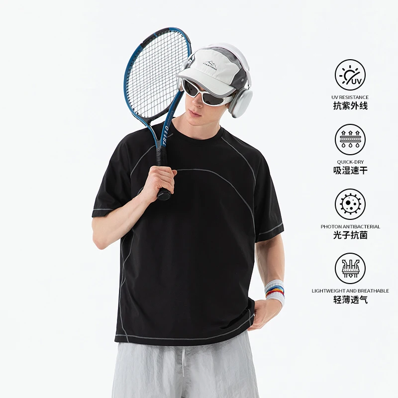 

【Mirrordust】Спортивная быстросохнущая футболка, повседневная контрастная цветная линия, высокоэластичный трикотаж для фитнеса, уличный солнцезащитный топ