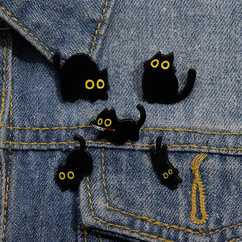 Cartoon Big Eye Black Cat  Enamel Pins Cute Kitten Animal Brooches Lapel Badges Funny Jewelry Gift For Fans Friends