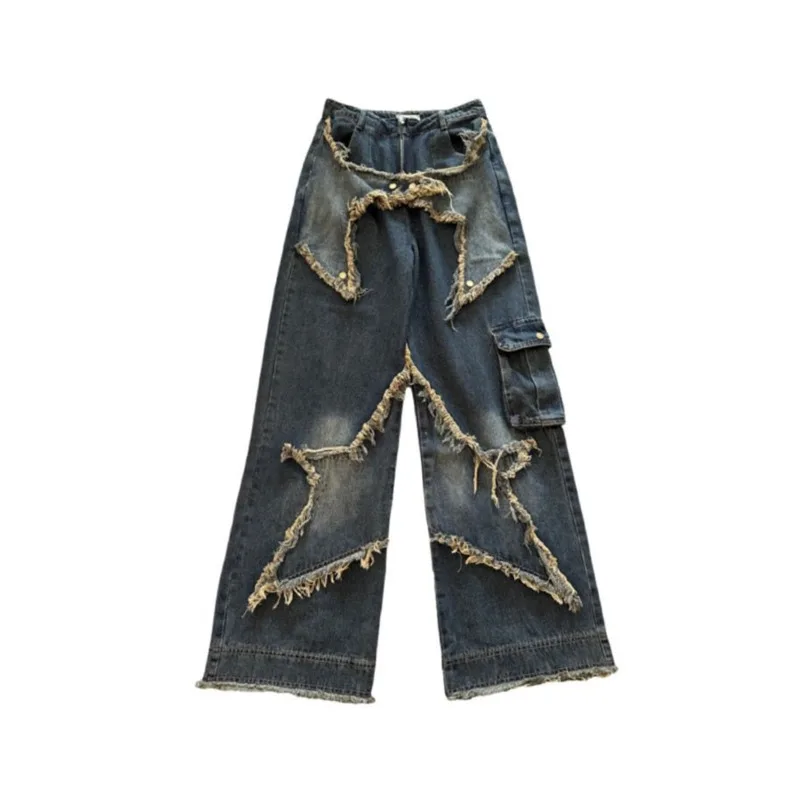 Luźne dżinsy Cargo damskie z gwiazdami w stylu Vintage spodnie dżinsowe Y2k Streetwear modne luźne spodnie odzież