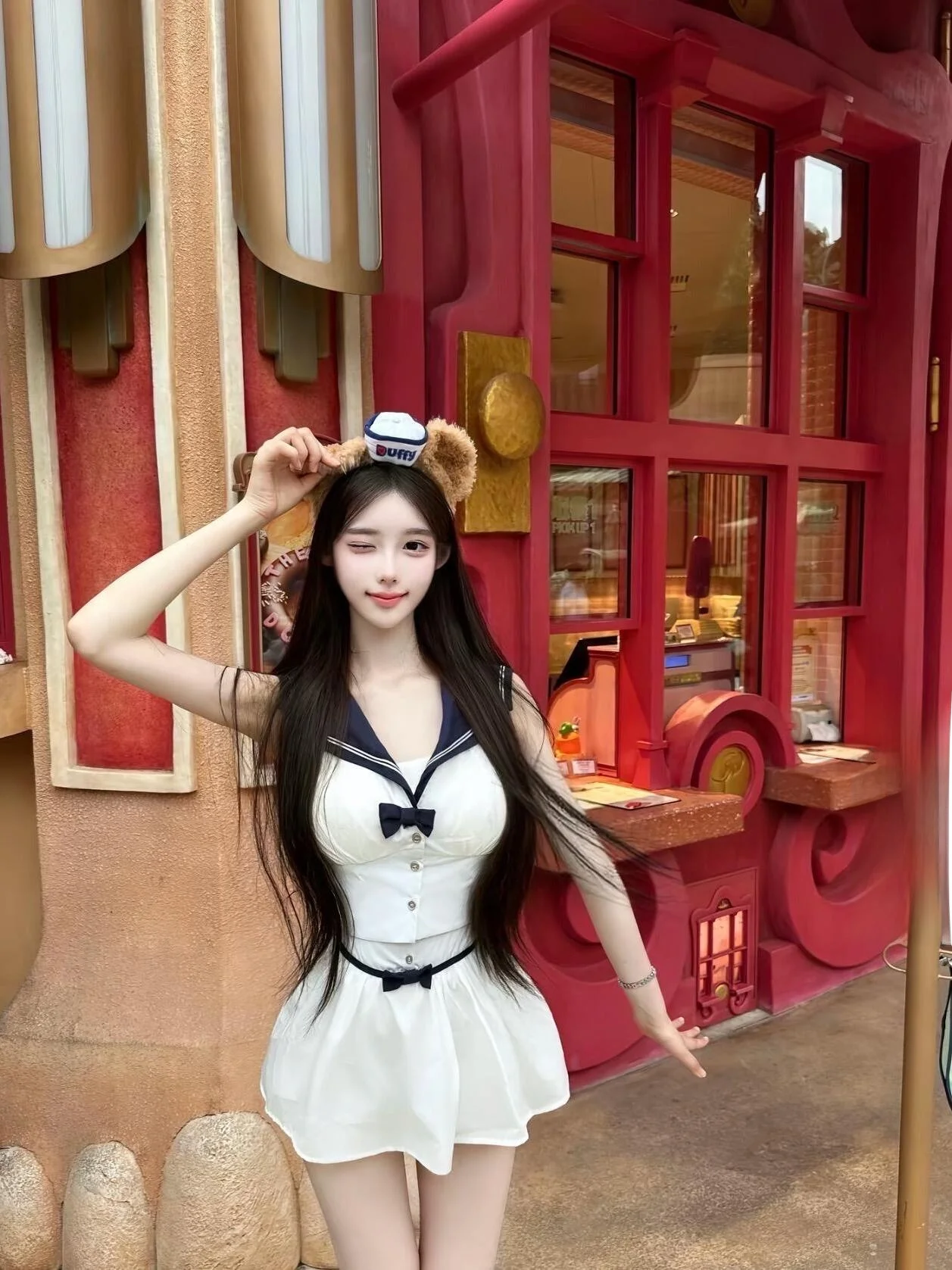 

Korean College Style Sweet Spicy Girl Navy Collar Knot Sleeveless Shirt High Waist Striped Matching Set