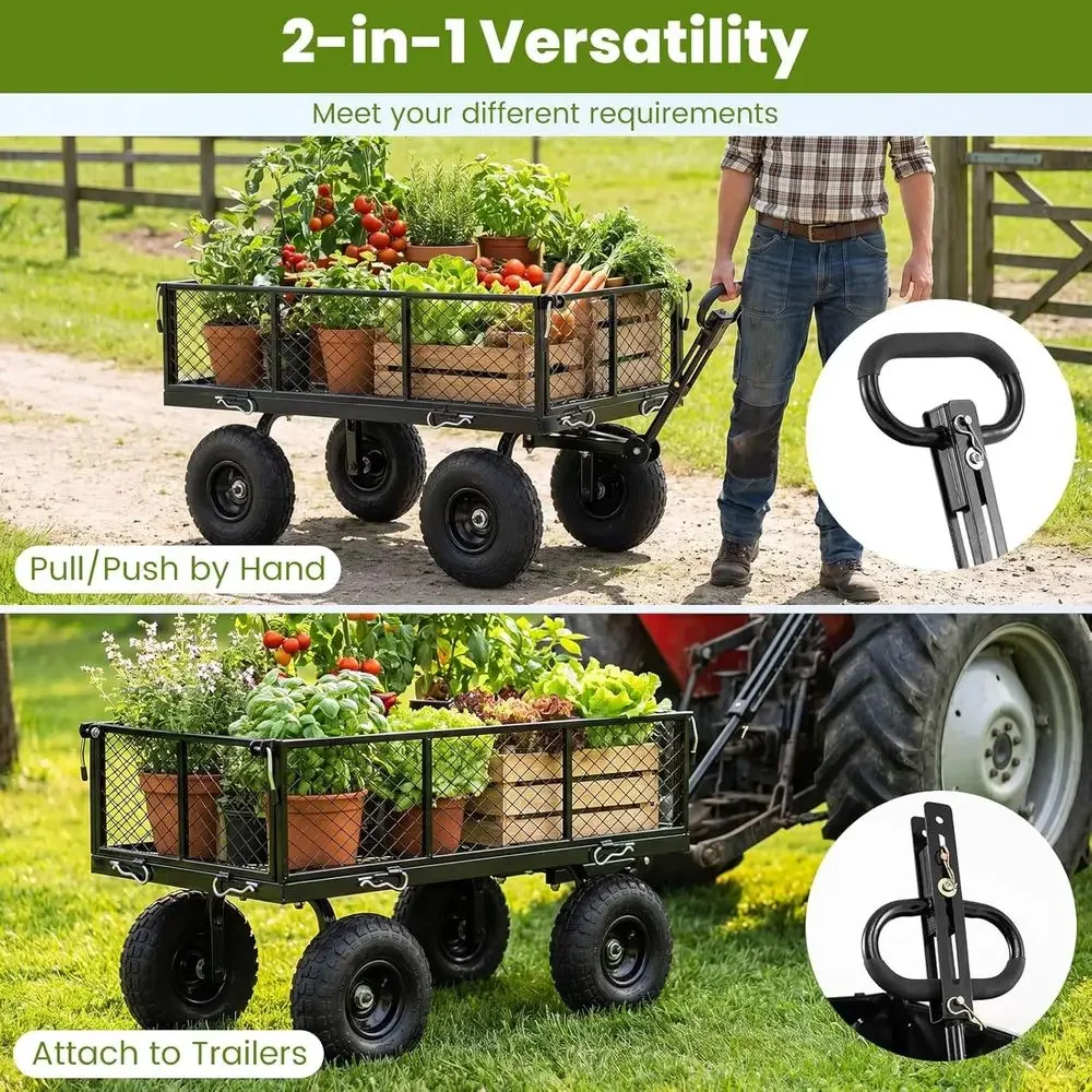 Heavy-Duty Garden Cart with Removable Liner and Mesh Sides, 10 Pneumatic Tires, 180° Rotating Handle