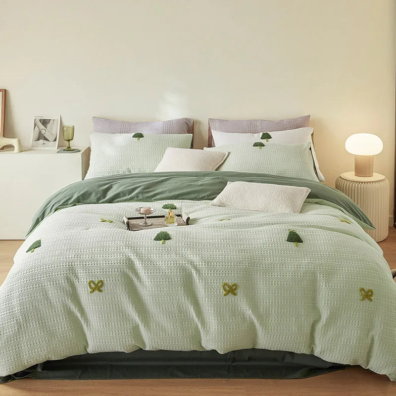 Small Fresh Waffle Wash Cotton Four Piece Set Small Tree Towel Embroidered Pure Cotton Quilt Cover Breathable Bedding