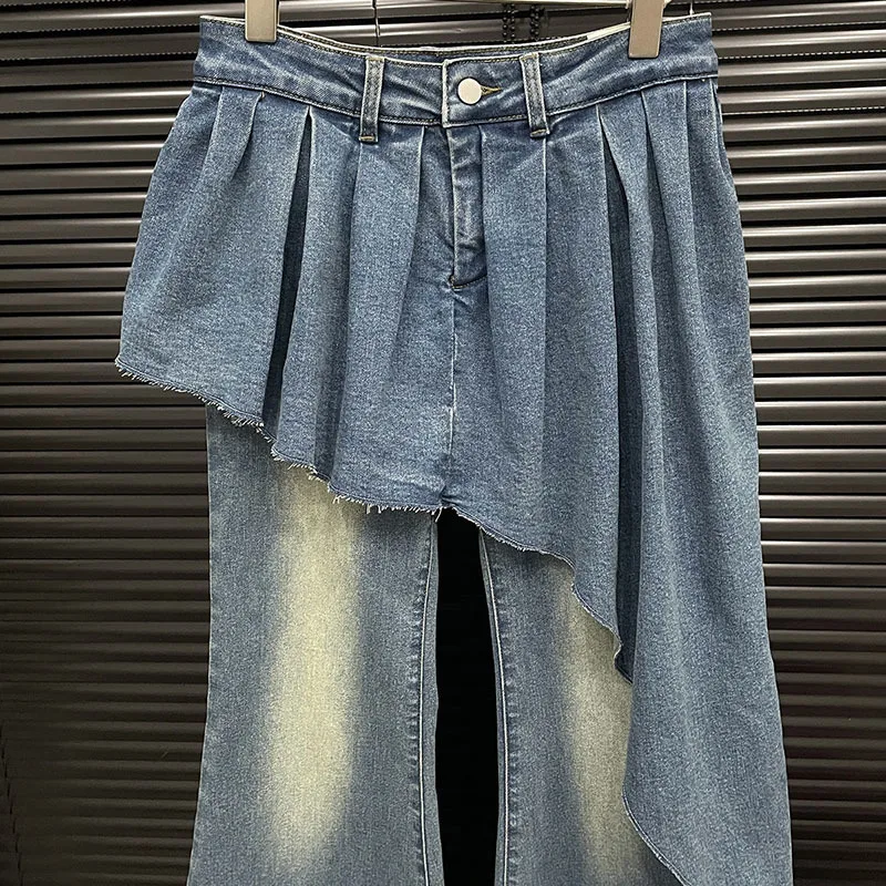 DEAT personalità delle donne gonna irregolare Jeans svasati pantaloni a vita alta falsi due pantaloni di Jeans alla moda 2024 nuovi articoli autunno 29 l8712