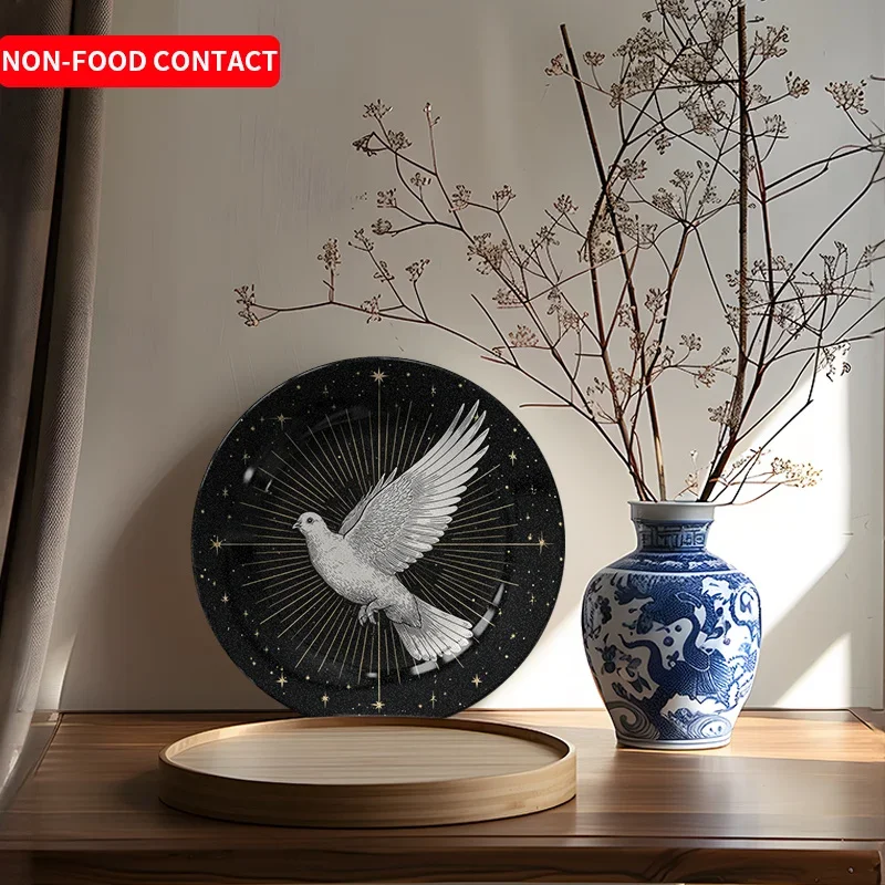 1pc White Dove Starry Sky Ceramic Decorative Plate - Round Wall Art with Golden Rays, Non-Food Contact, Perfect for Home,