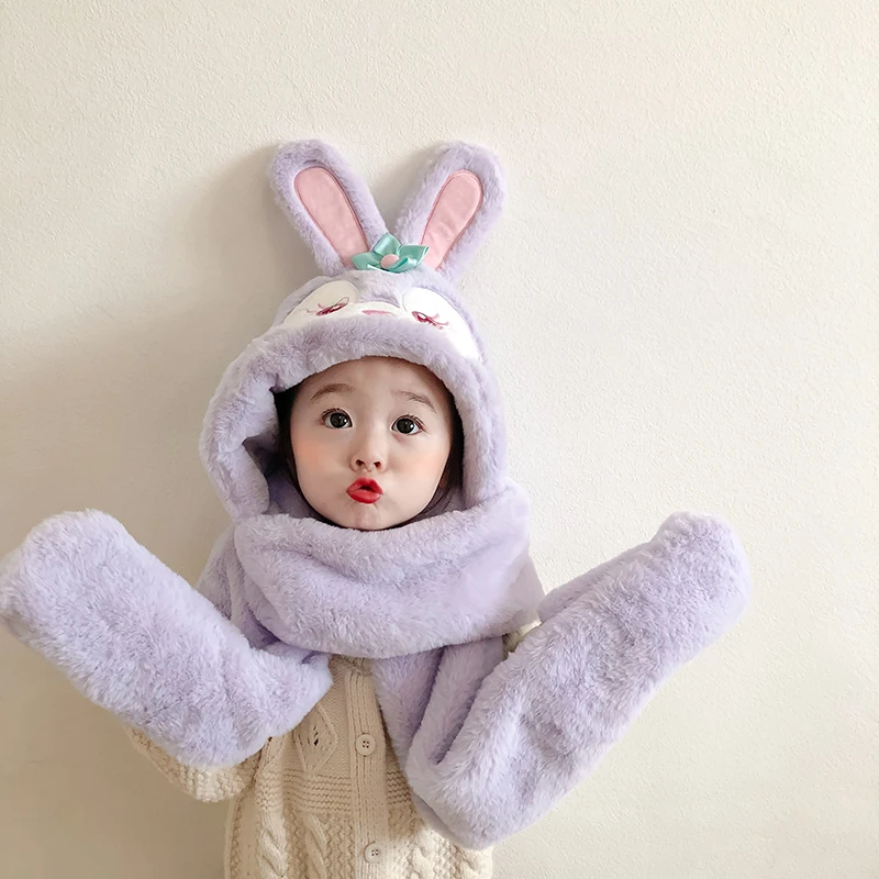 

New Cartoon Rabbit Children Fashion Scarf Hat Glove 3 Piece Girls Cute Winter Warm Soft Thickening Pocket Hats Hooded