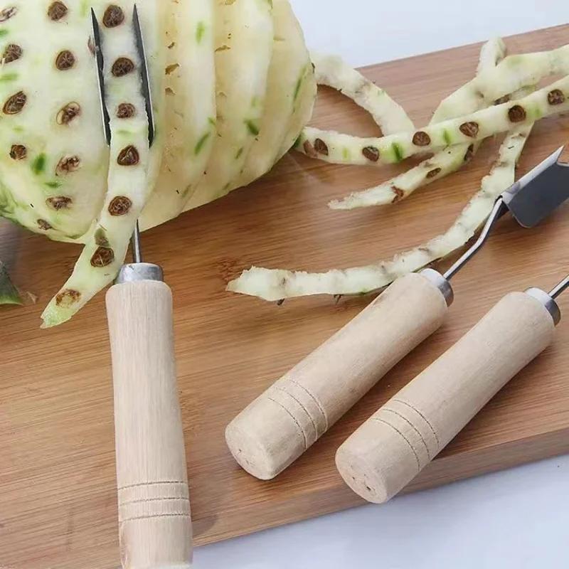 2pcs Wooden handle pineapple V shovel stainless steel pineapple knife peeler pineapple eye removal digging tool - view 4