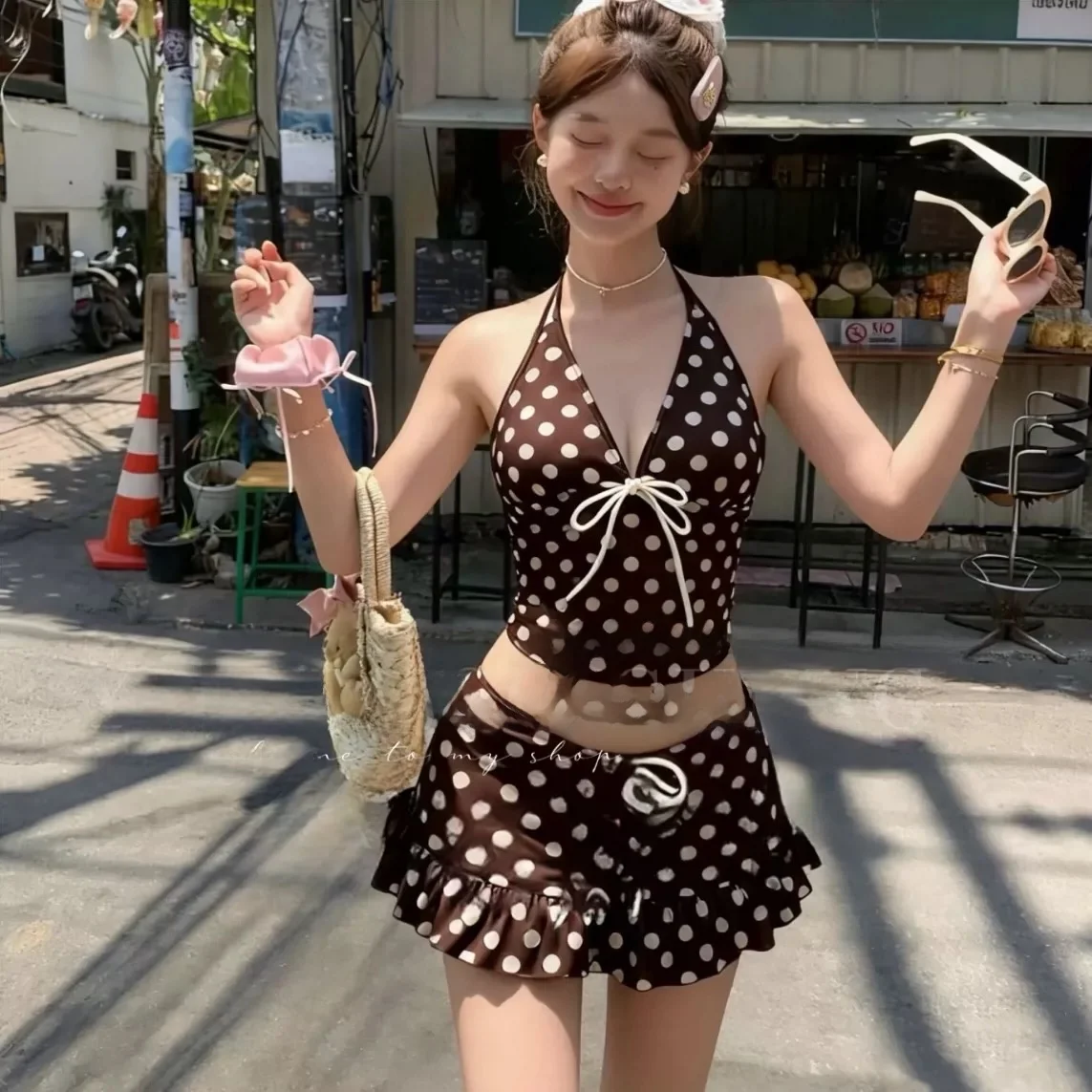 

Women's Bikini Swimsuit Halter Neck Polka Dot Skirt Style Three Piece Set Gathered Slimming Vacation Hot Spring Beach