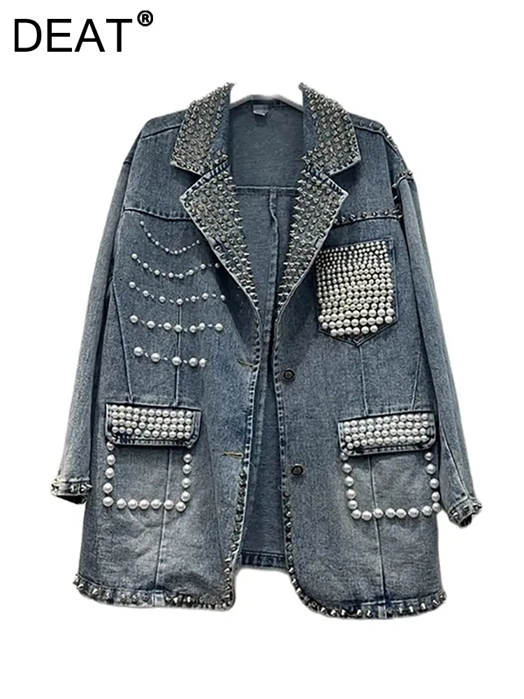 DEAT Women Denim Blazers Patchwork Notched Collar Pearls Diamond Embroidered Flares Suit Jackets 2024 Summer New Fashion 29L6434